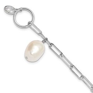 925 Sterling Silver  Trendy Paperclip Design CZ/FWC Pearl Toggle Ladies Bracelet